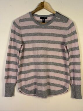 Aqua 100% Cashmere Pink Gray Striped Crewneck Sweater Classic Luxury